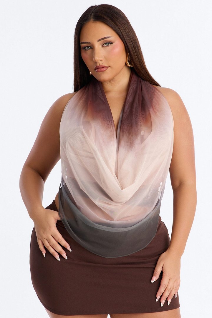 Desert Baddie Mesh Cowl Neck Halter Top - Taupe/combo