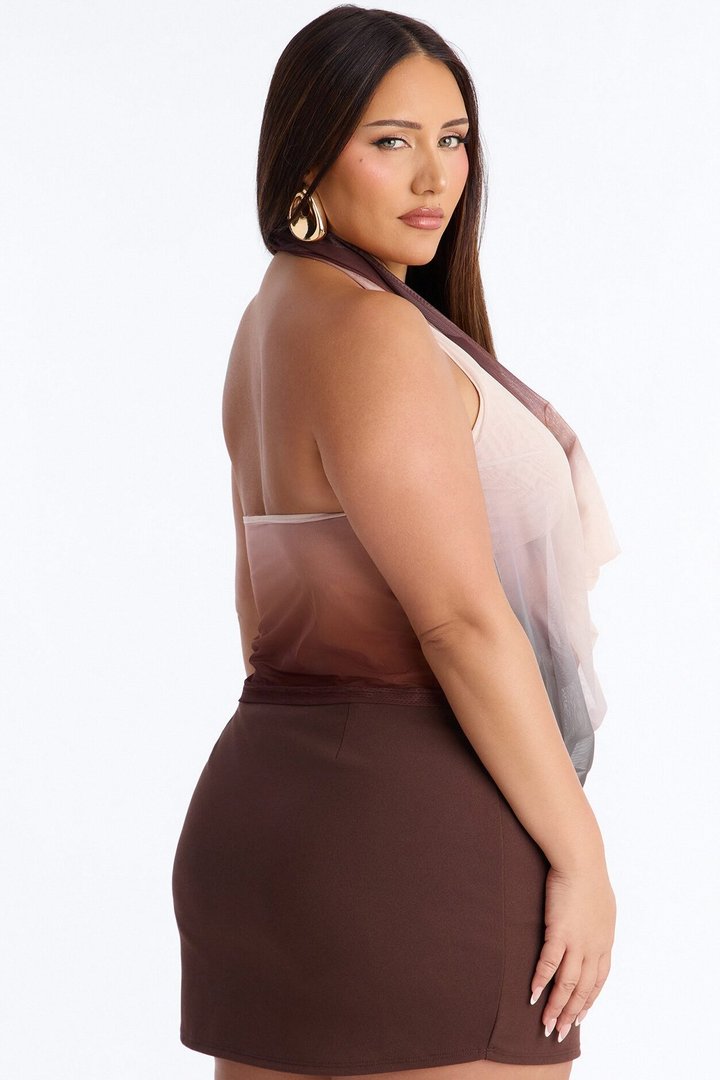 Desert Baddie Mesh Cowl Neck Halter Top - Taupe/combo