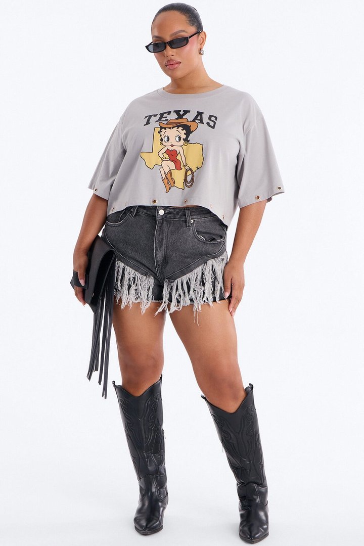 Betty Boop Texas Cropped Tee With Studs - Light Grey