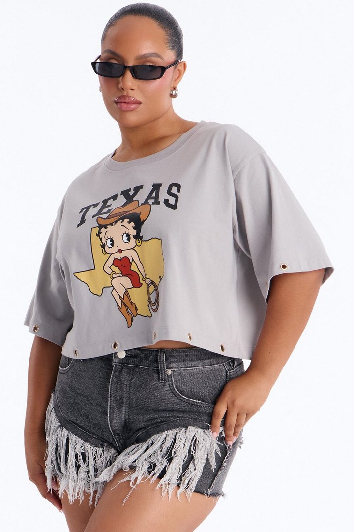 Betty Boop Texas Cropped Tee With Studs - Light Grey