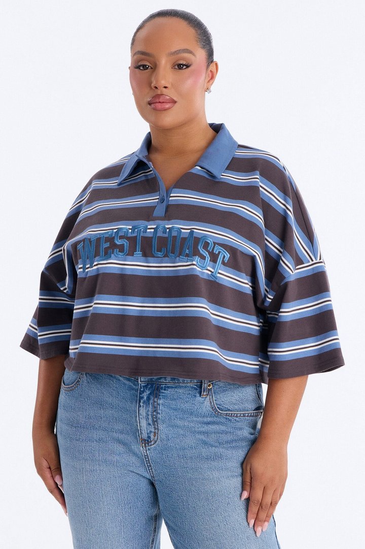 West Coast Stripe Cropped Polo Top - Blue/combo