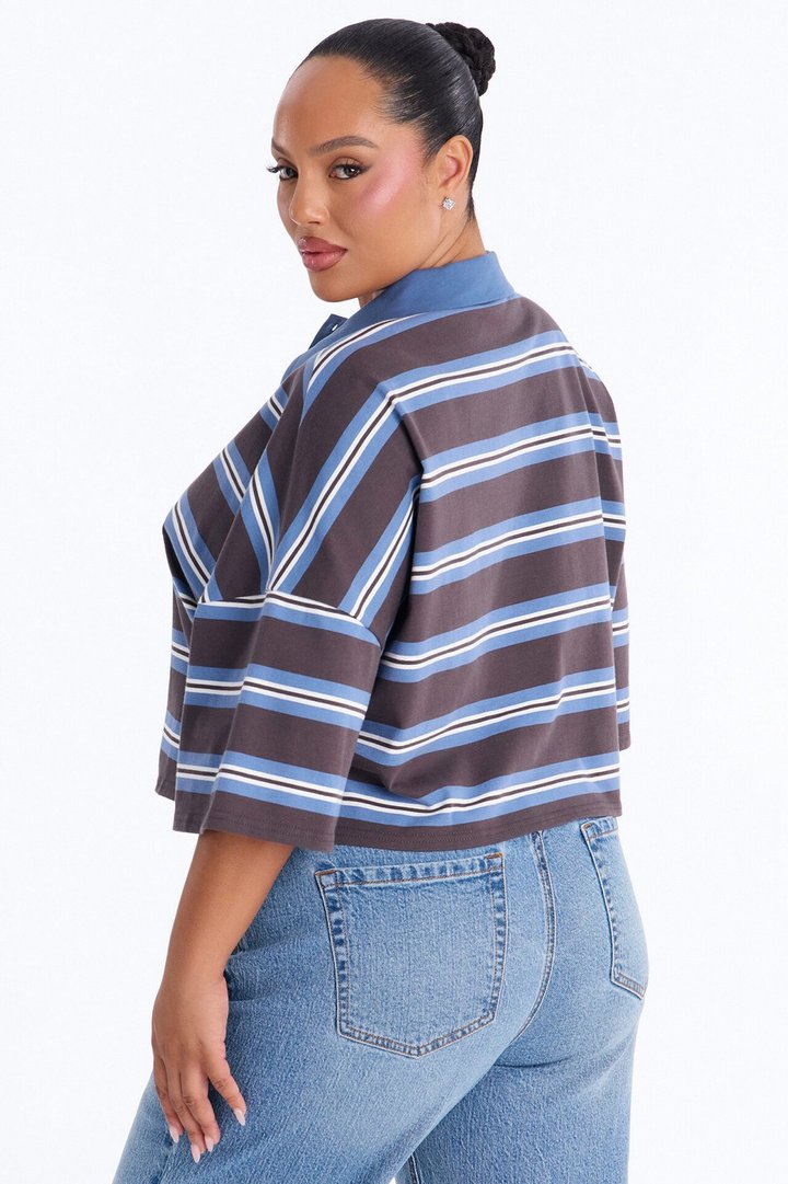 West Coast Stripe Cropped Polo Top - Blue/combo