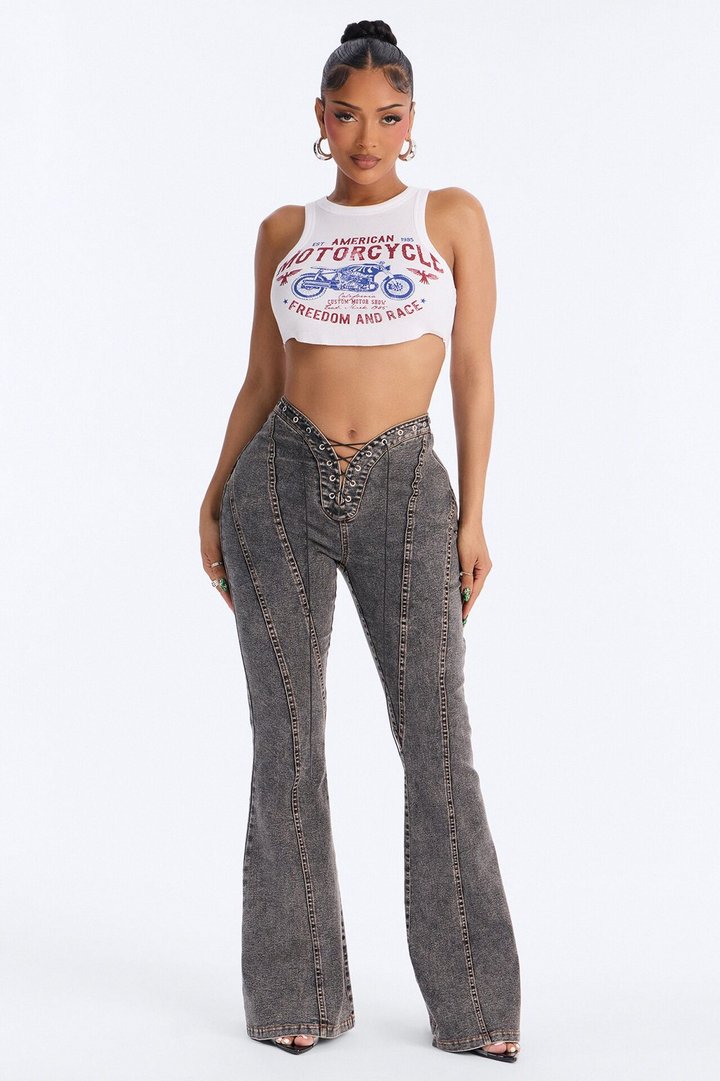 Run this Town Lace Up Washed Flared Pant - Black