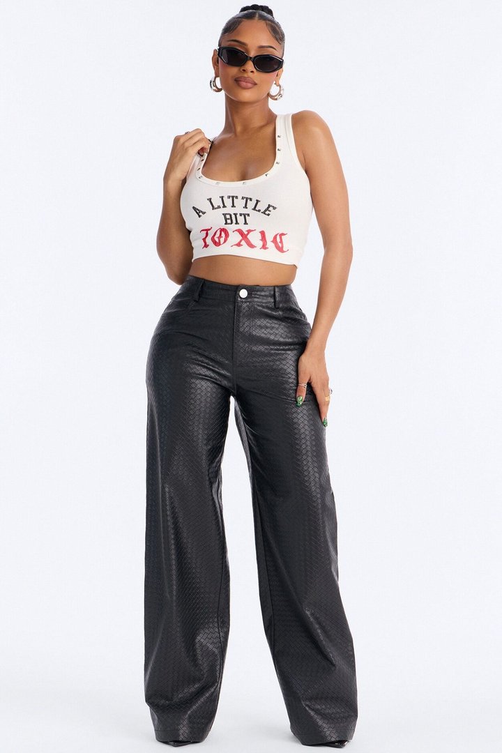 Jewel Mid Rise Weave Embossed Faux Leather Wide Leg Pant - Black