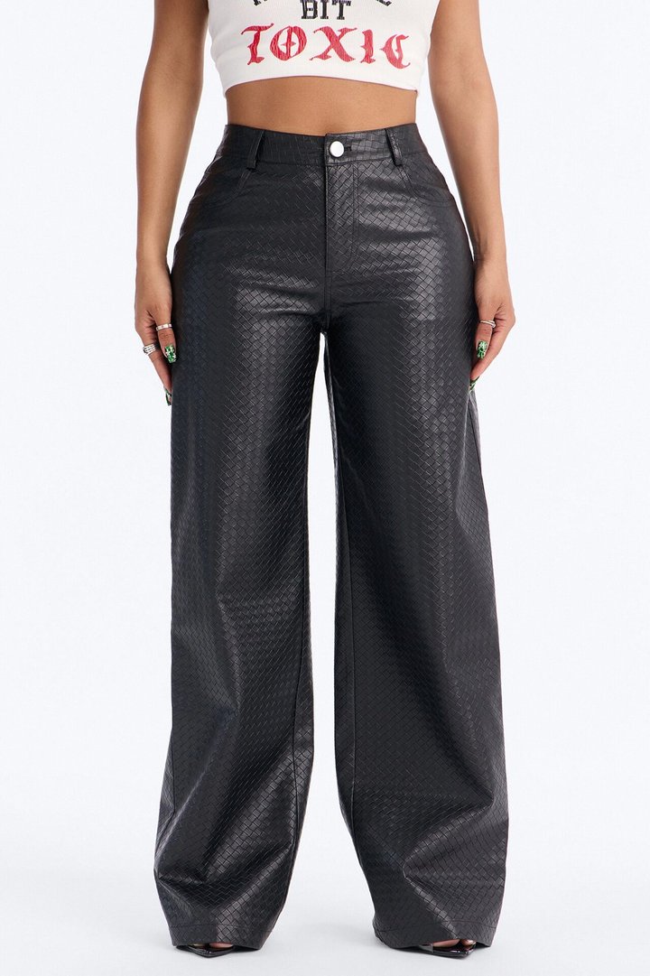 Jewel Mid Rise Weave Embossed Faux Leather Wide Leg Pant - Black