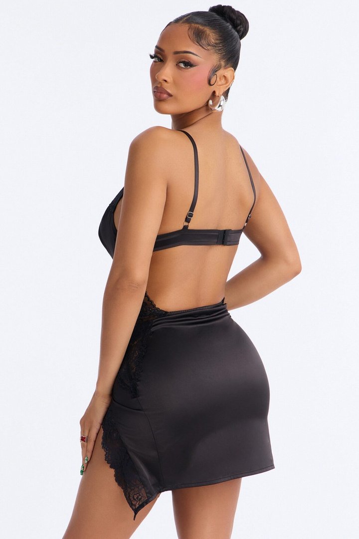 After Hours Lace Trim Satin Mini Dress - Black