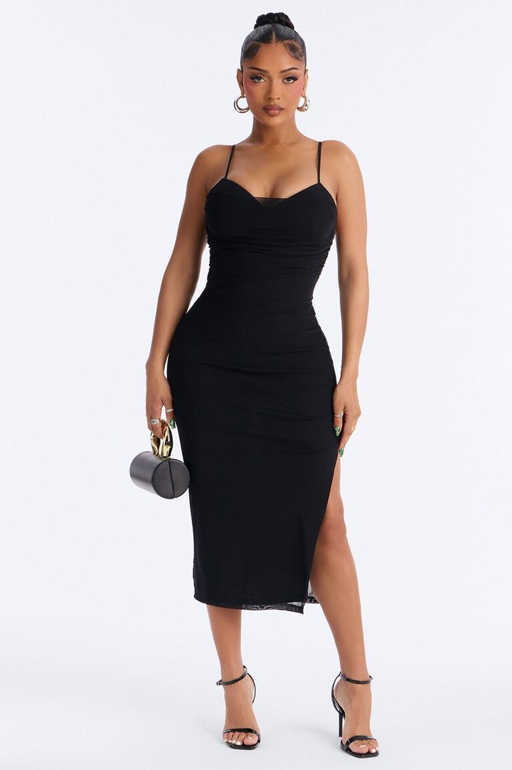 Megan Ruched Mesh Midi Dress - Black
