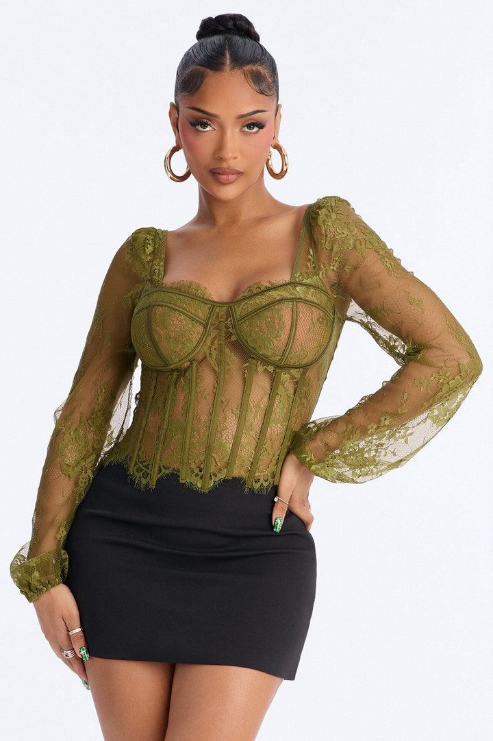 Gilded Glam Lace Bustier Top - Olive