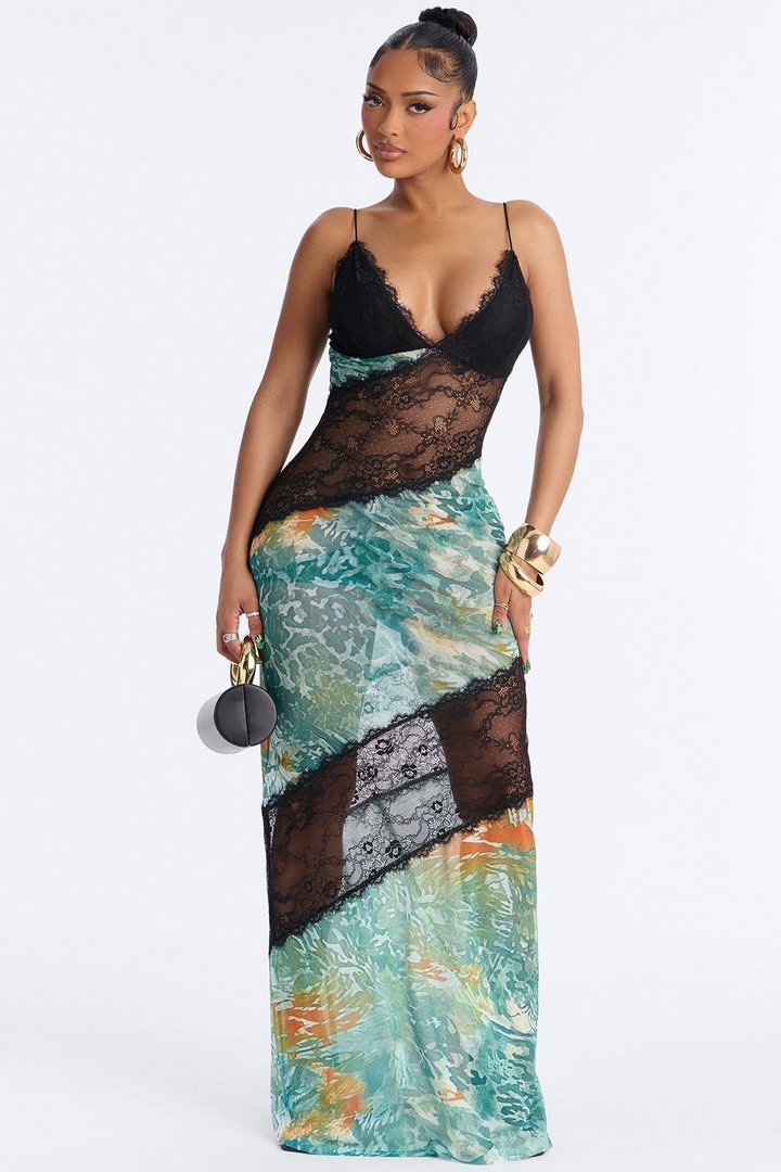 City Nights Lace Cut Out Maxi Dress - Green/combo