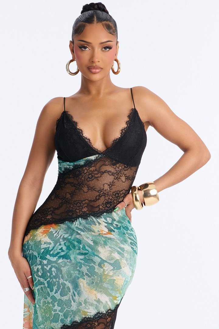 City Nights Lace Cut Out Maxi Dress - Green/combo