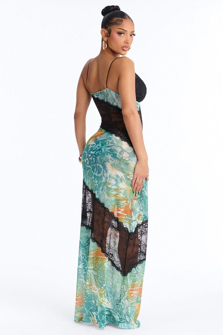 City Nights Lace Cut Out Maxi Dress - Green/combo