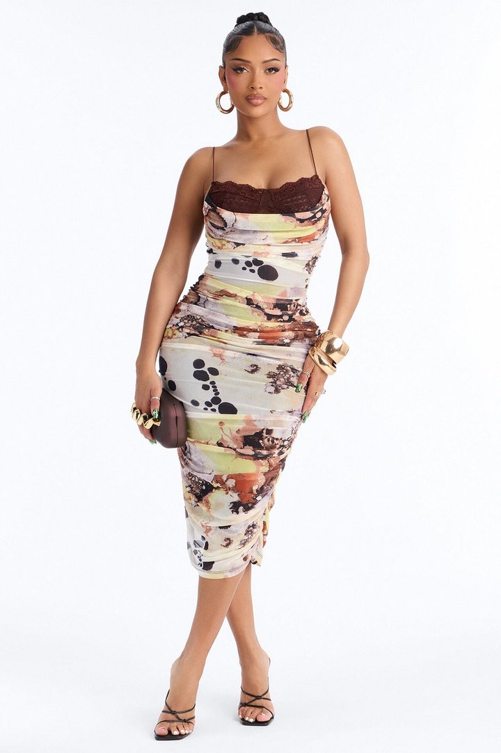 Alaira Ruched Mesh Midi Dress - Brown/combo