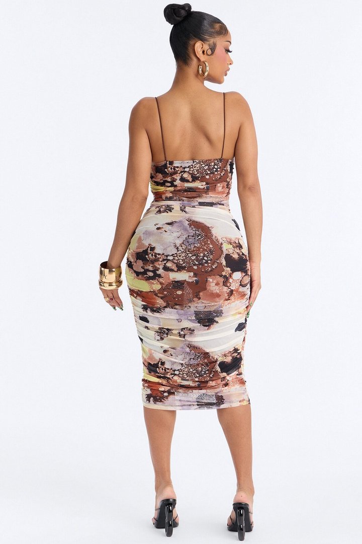 Alaira Ruched Mesh Midi Dress - Brown/combo