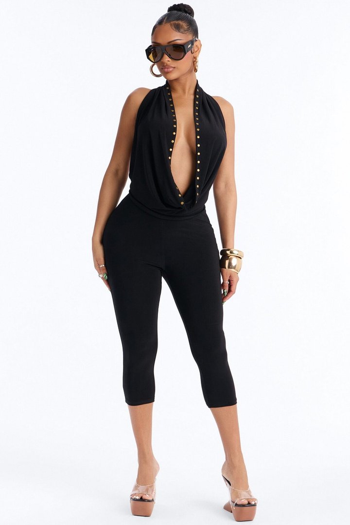 Jade Cowl Neck Studded Capri Pant Set - Black