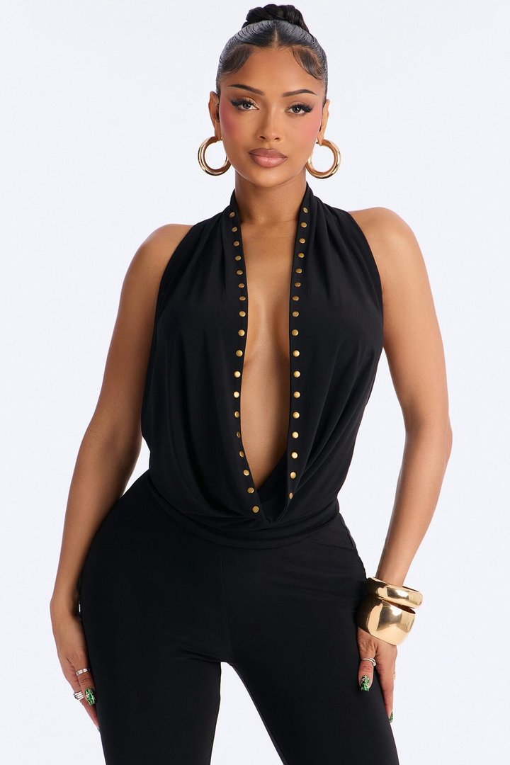 Jade Cowl Neck Studded Capri Pant Set - Black