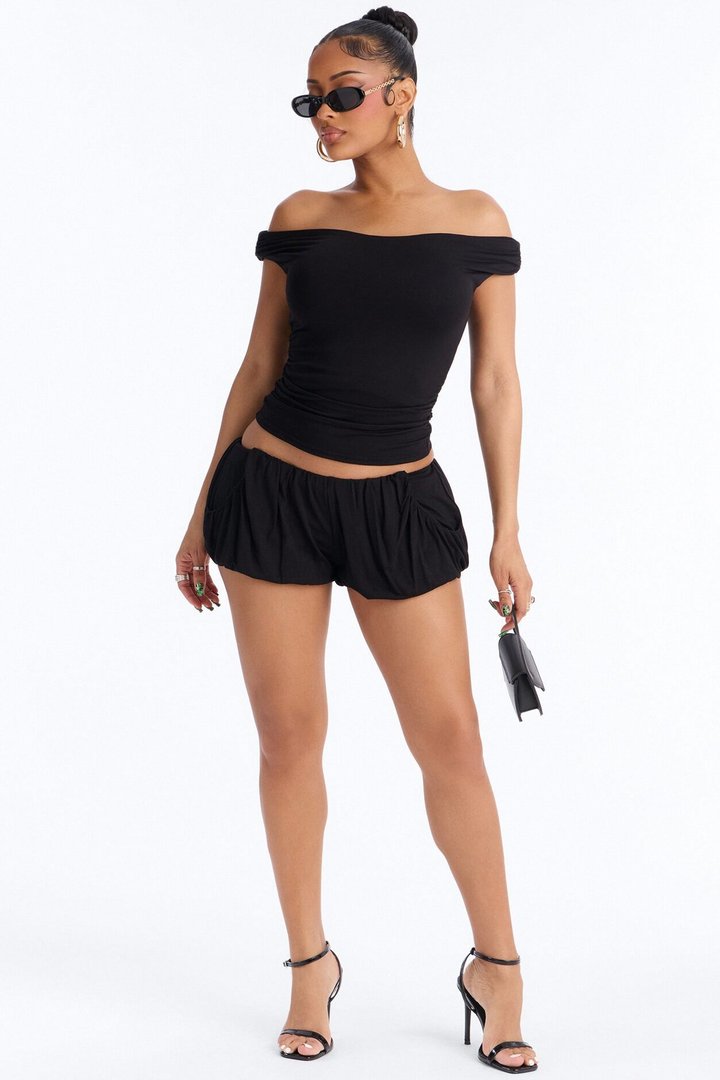 Kennedy Off Shoulder Bubble Short Set - Black