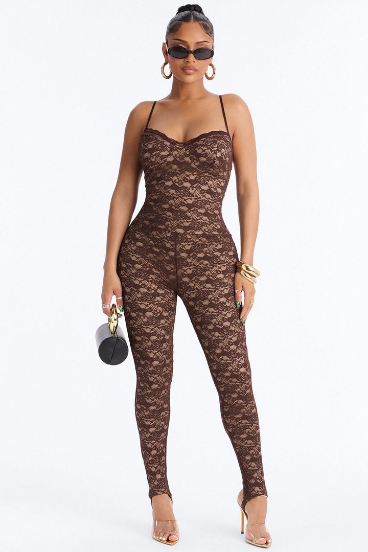 Zuri Lace Catsuit With Stirrup - Chocolate