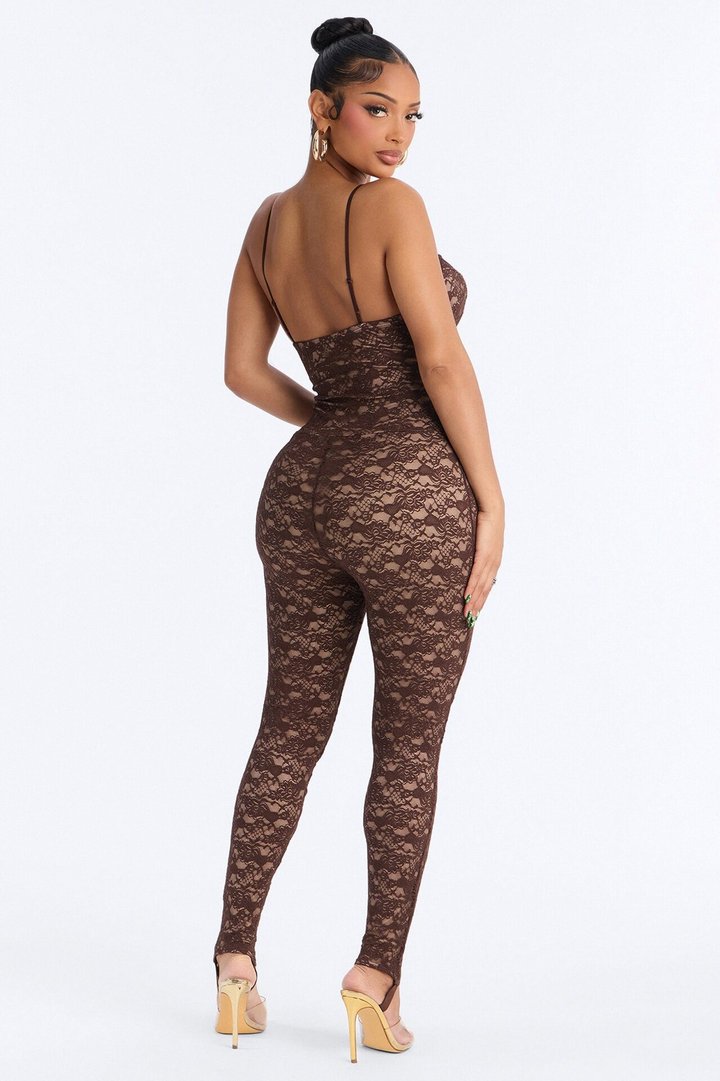 Zuri Lace Catsuit With Stirrup - Chocolate