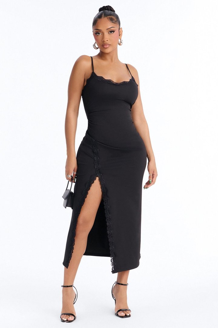 Mariana Lace Trim Midi Dress - Black