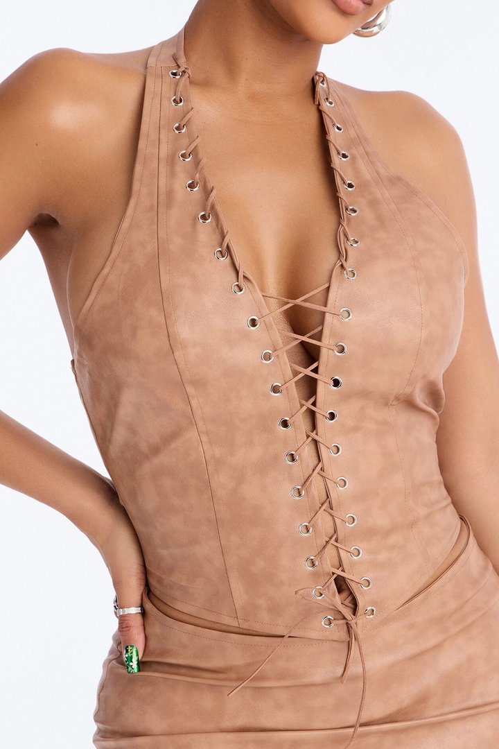 Backstage Lace Up Faux Leather Mini Dress - Taupe