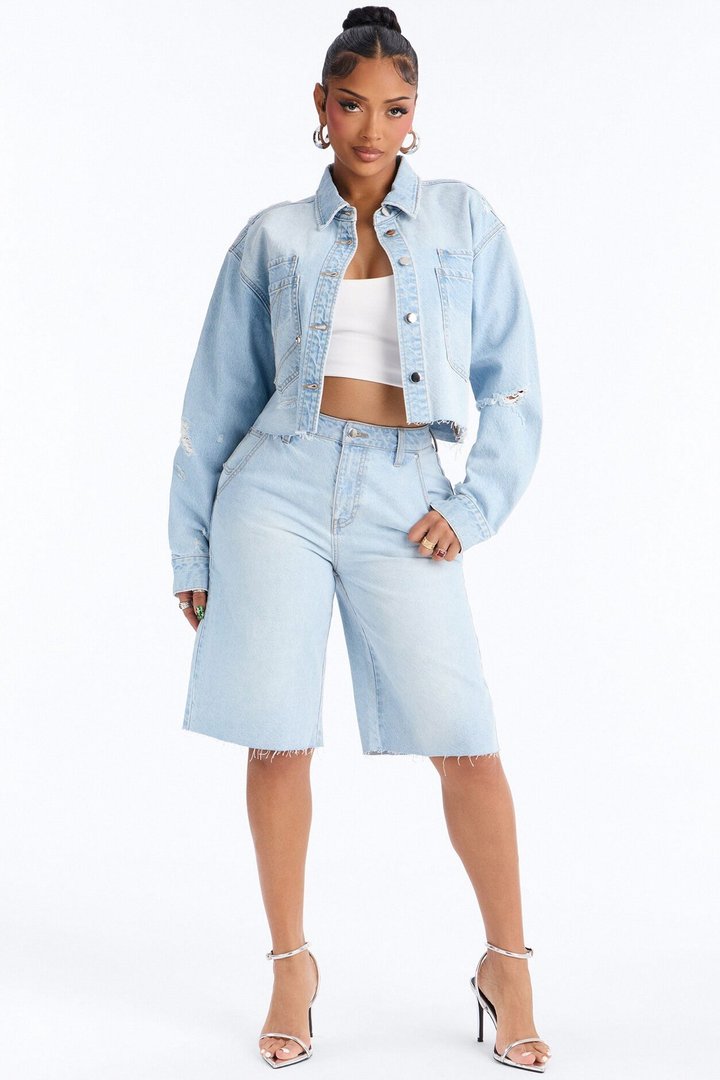 Clean Break Double Pocket Denim Shacket - Light Wash
