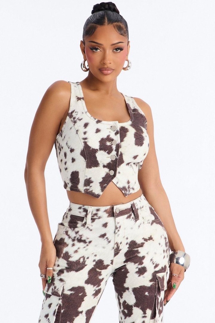 Very Western Vibes Print Denim Pant Set - Brown Combo