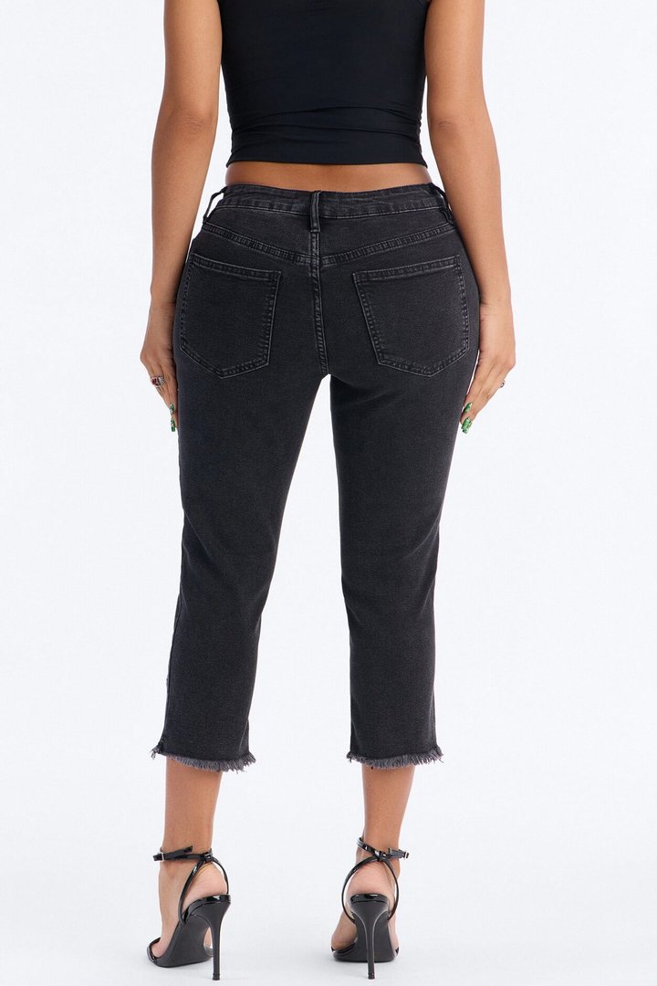 Flower Picker Embroidered Capri Jeans - Black Wash