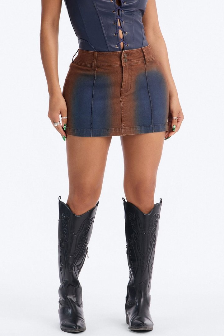 Match My Aura Tinted Denim Mini Skirt - Brown/combo