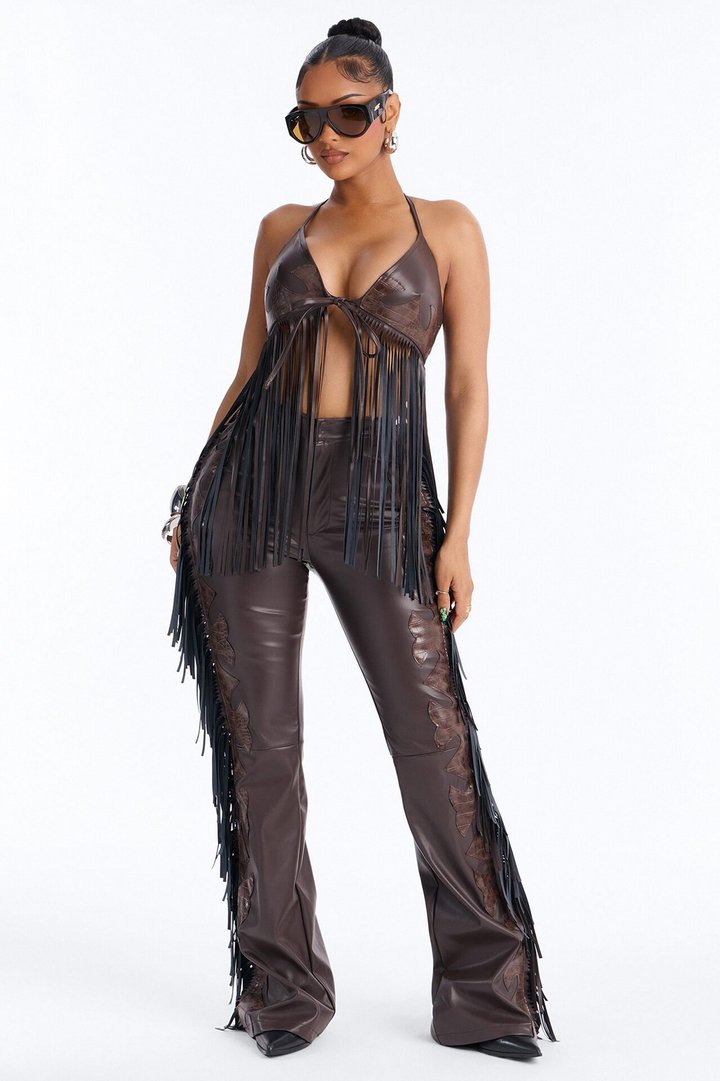 Smoke Signals Fringe Halter Pant Set - Brown