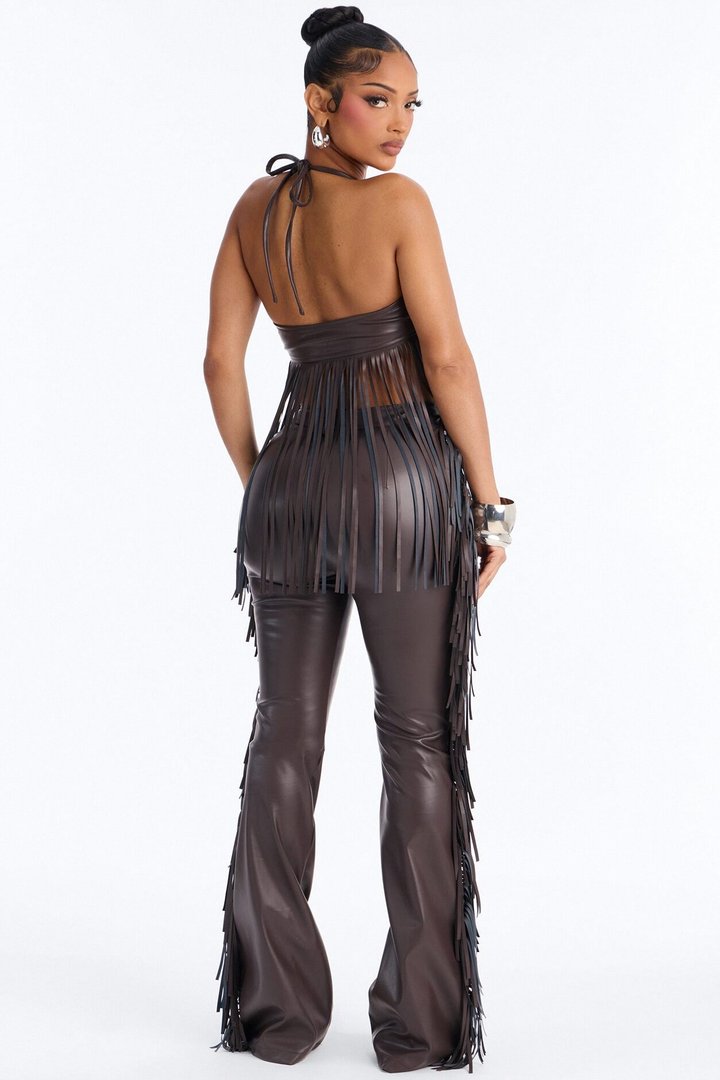 Smoke Signals Fringe Halter Pant Set - Brown