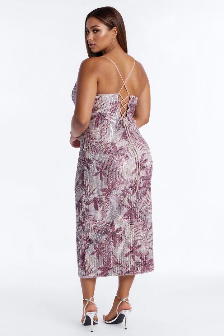 Felicity Printed Sequin Midi Dress - Red