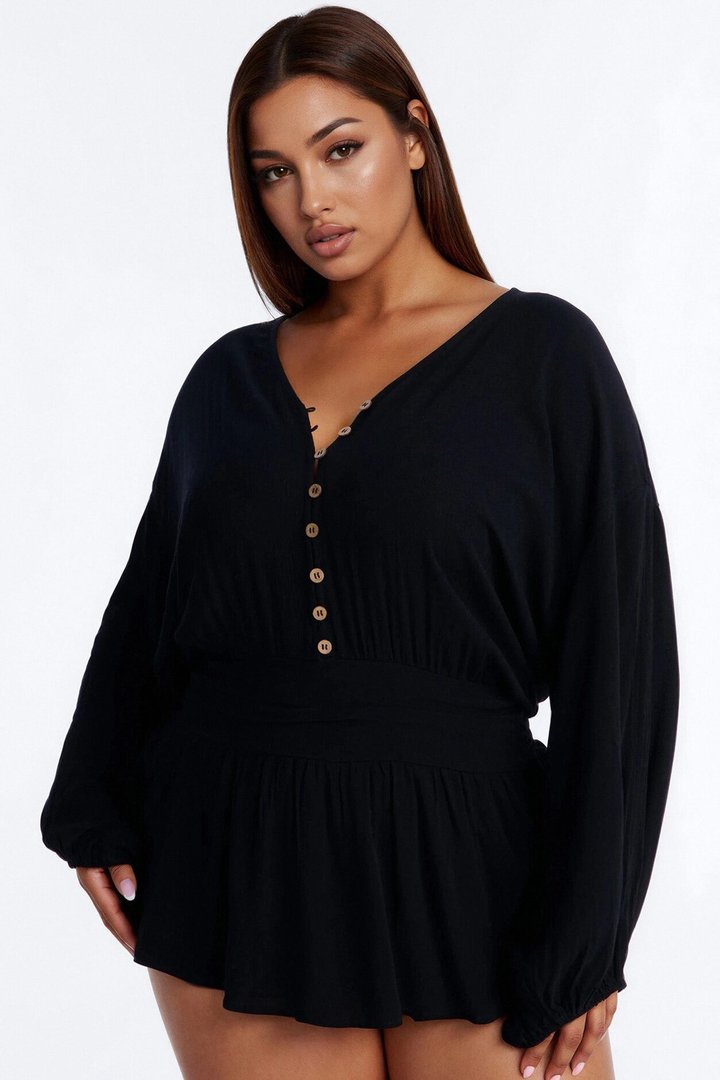 Layna Long Sleeve Flowy Romper - Black