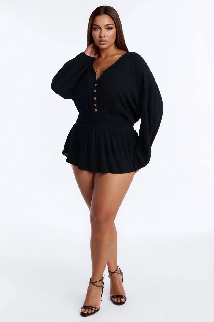Layna Long Sleeve Flowy Romper - Black