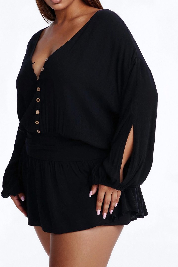 Layna Long Sleeve Flowy Romper - Black