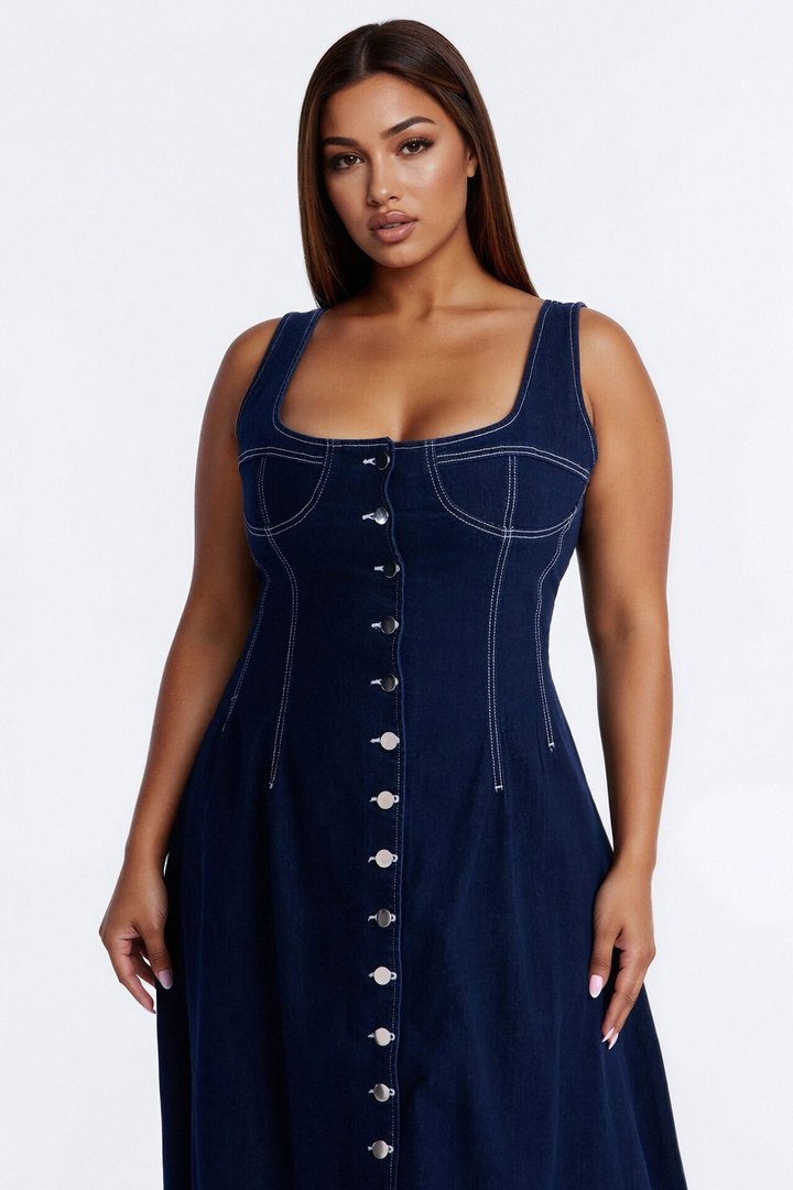 Maelyn Denim Midi Dress - Dark Wash