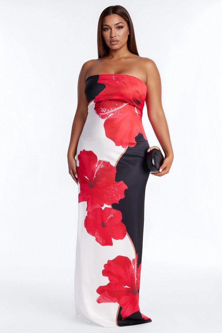 Kianna Strapless Satin Maxi Dress - Red/combo
