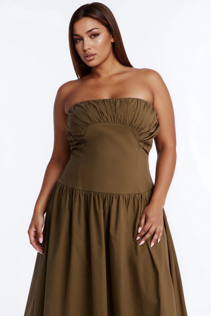Jana Strapless Pleated Midi Dress - Olive