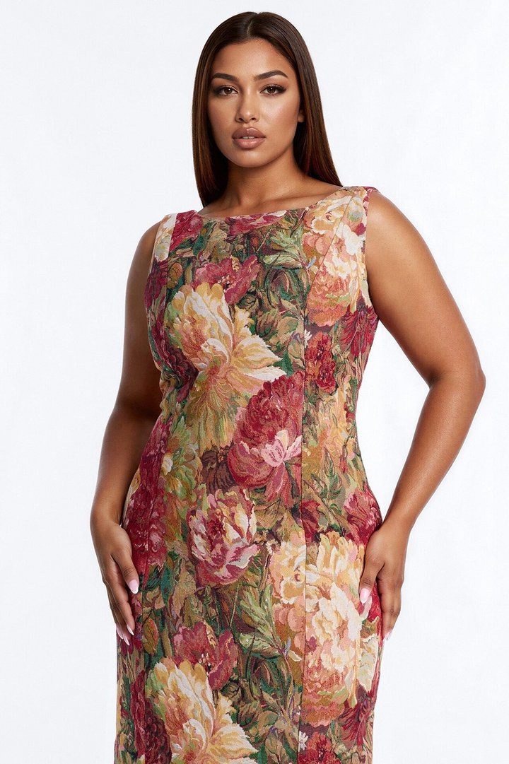 Brittany Floral Jacquard Midi Dress - Burgundy/combo
