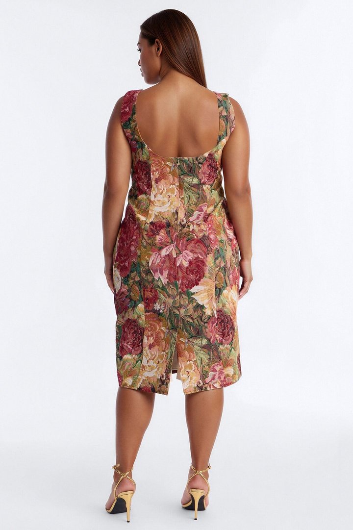 Brittany Floral Jacquard Midi Dress - Burgundy/combo