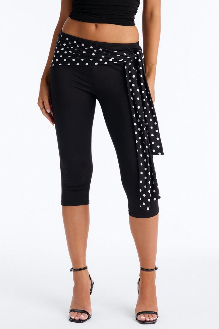 Kinley Low Rise Polka Dot Tie Waist Capri Legging - Black/White