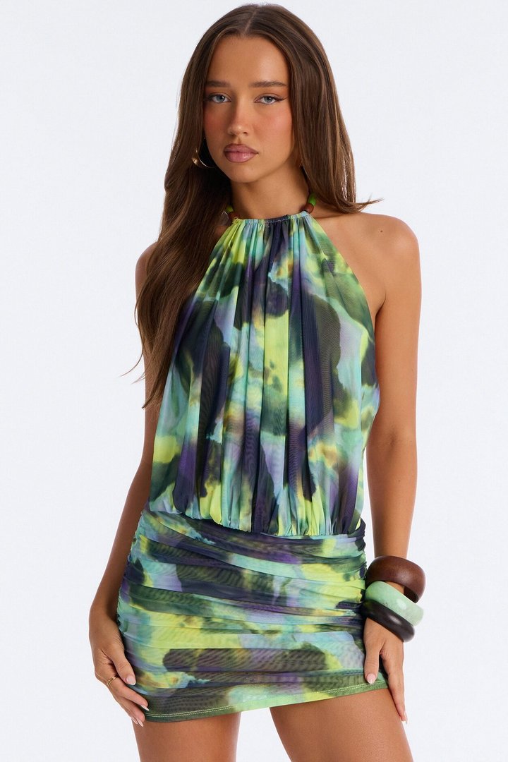 Trinity Marble Mesh Micro Mini Dress - Green/combo
