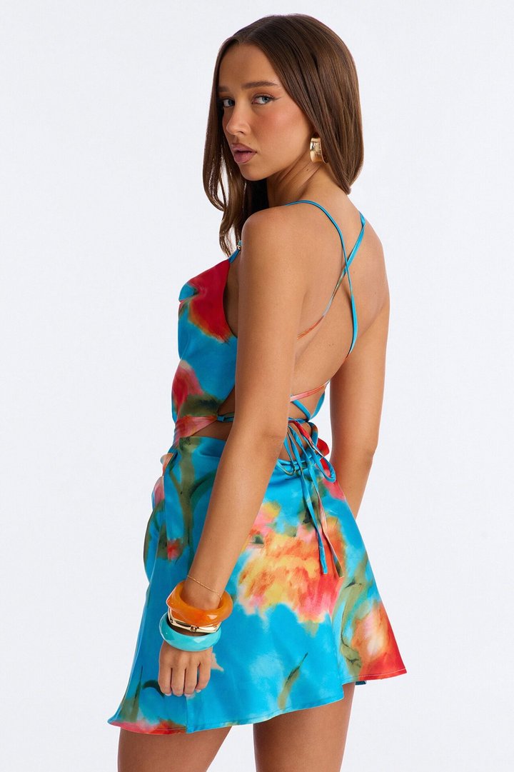 Priscilla Strappy Back Satin Mini Dress - Blue/combo