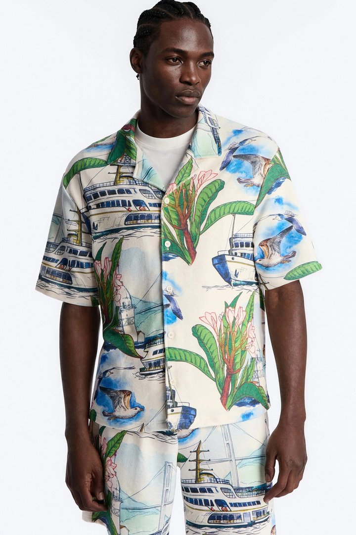 Relaxed Portofino Vista Cuban Collar Button Up Shirt - Multi Color