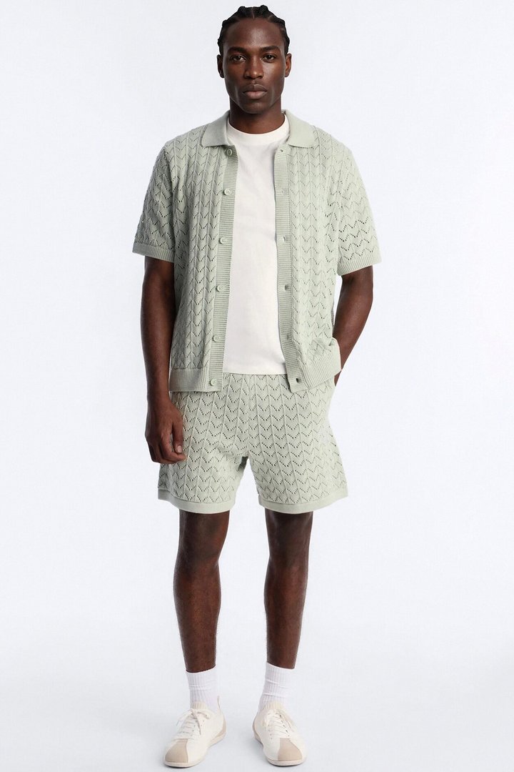 Waterfall Texture Open Knit Shorts - Sage