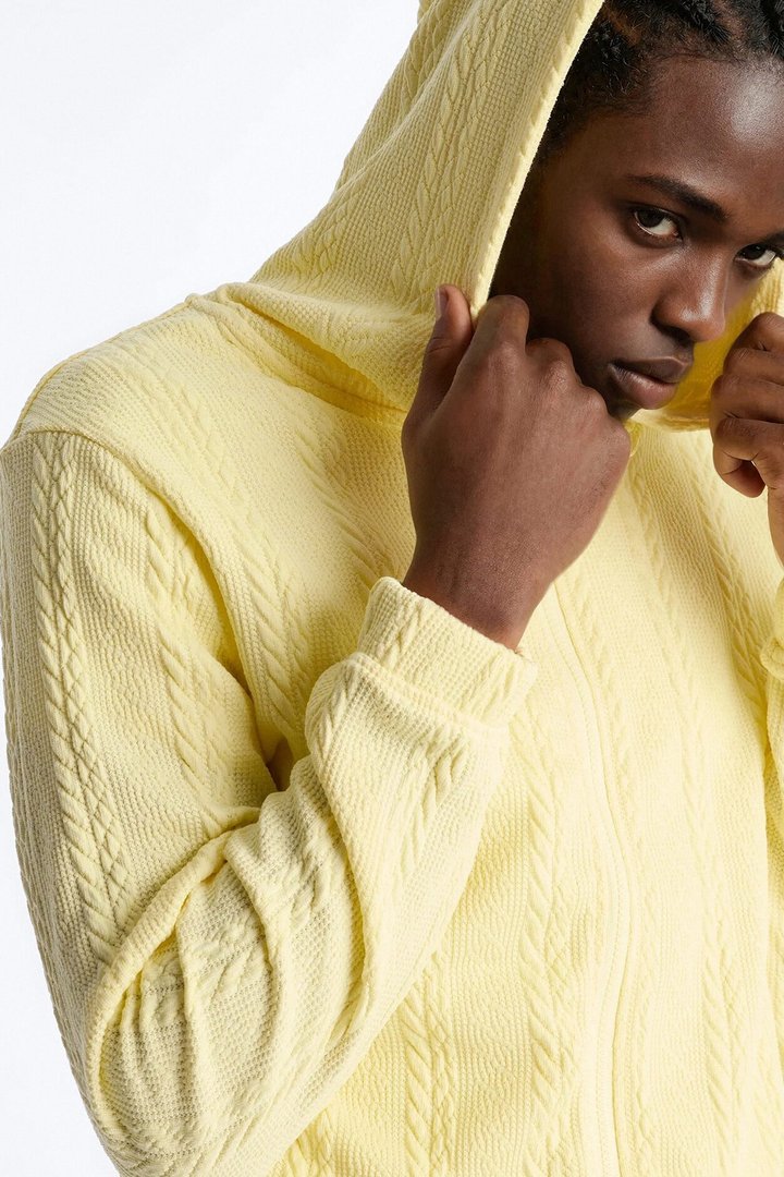 Textured Cozy Braided Hooded Jacket - Butter Yellow