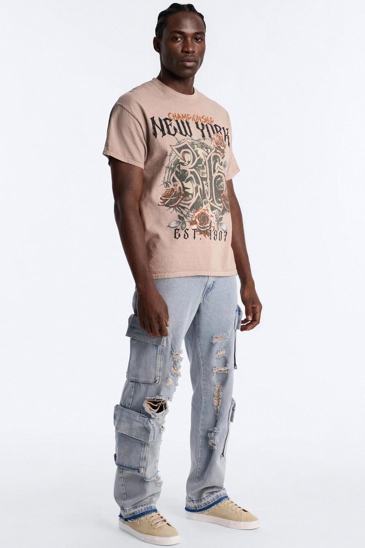 Straight Fractured Cargo Jean - Light Wash