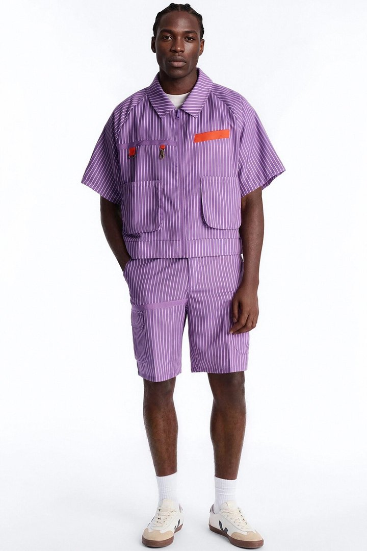 Boxy Cropped Desert Dunes Striped Button Up Shirt - Purple