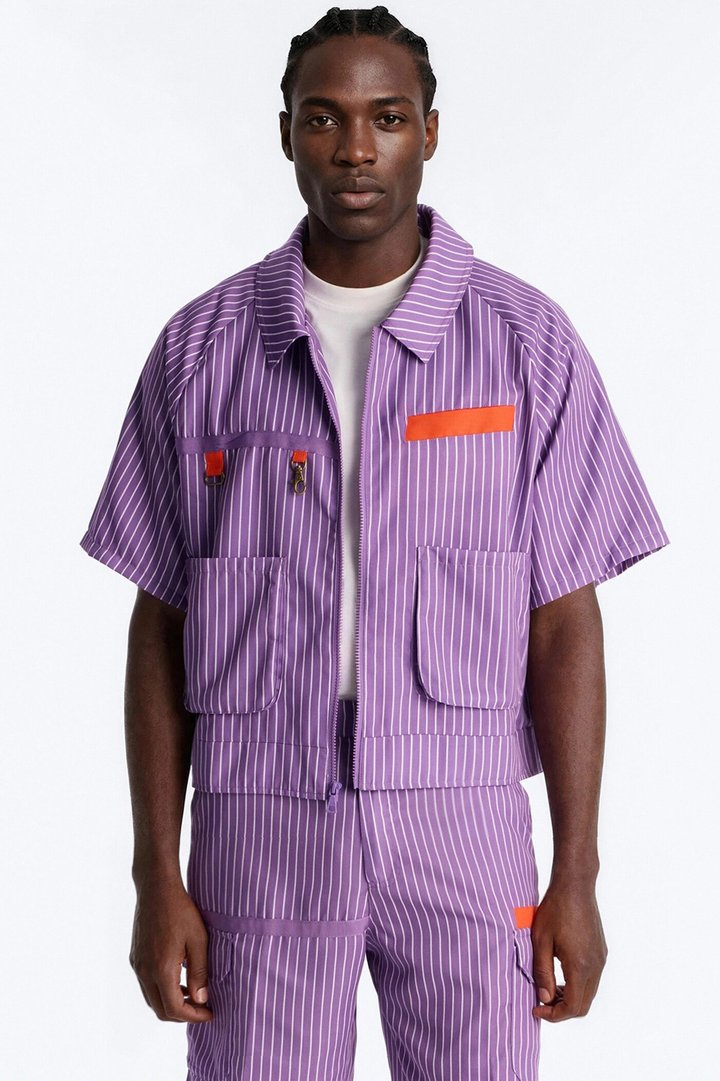 Boxy Cropped Desert Dunes Striped Button Up Shirt - Purple