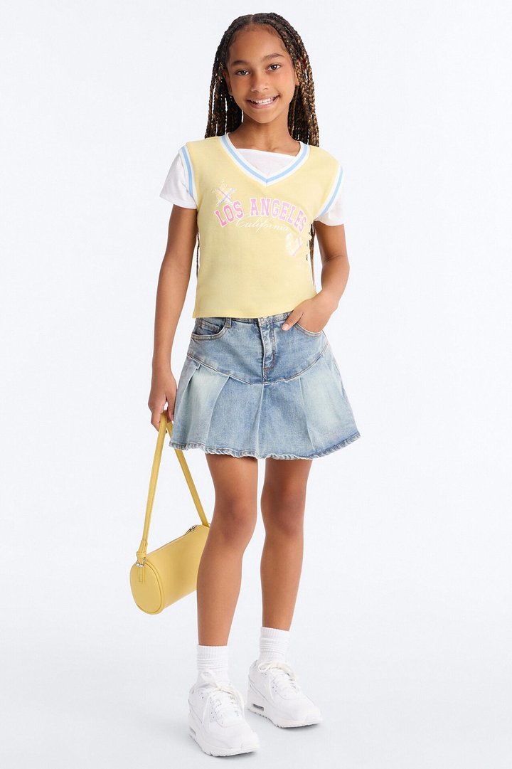 Mini You're Welcome Pleated Denim Skort - Light Wash