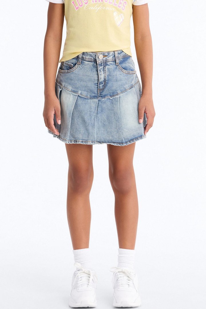 Mini You're Welcome Pleated Denim Skort - Light Wash